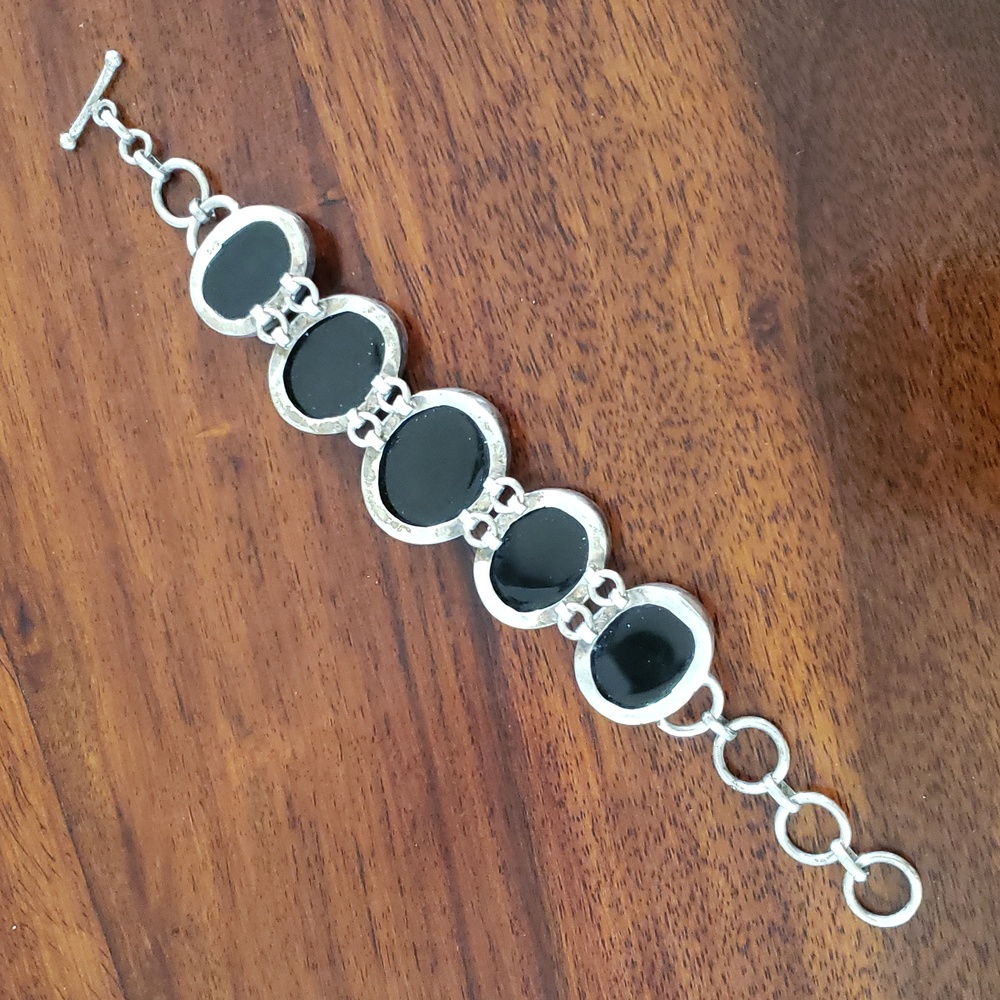 Vintage Sterling Silver Black Onyx Statement Bracelet Chunky Link 54g - Picture 9 of 11